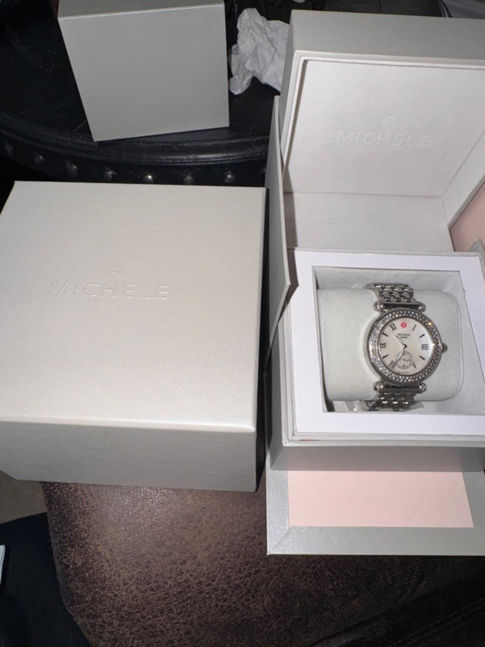 Michele Silver Stainless Steel Bracelet Watch with Crystal Bezel, 36in face